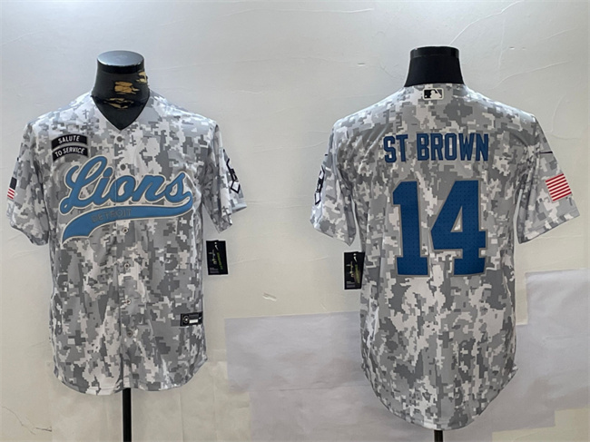 Men's Detroit Lions #14 Amon-Ra St. Brown 2024 Arctic Camo Salute to Service Football Stitched Jersey